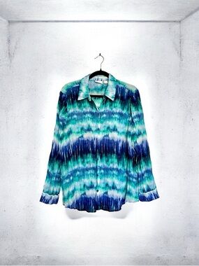 Chico's Teal Blue Tie-Dye Button-Up Blouse Size 2/12/L